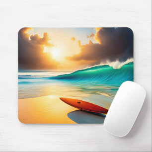 Surfboard On A Sunrise Beach Mouse Mat