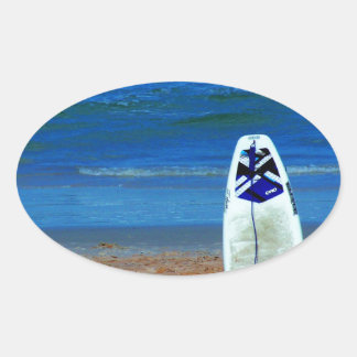 Surfboard On Beach Oval Sticker