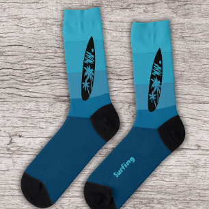 Surfboard Silhouette on Ocean Waves Blue Socks
