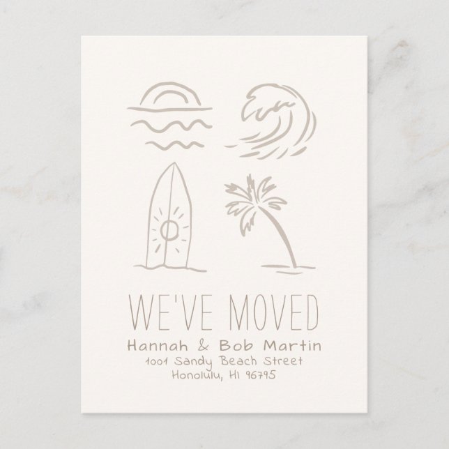 Surfboard Sun Wave Doodle Moving Announcement Postcard (Front)
