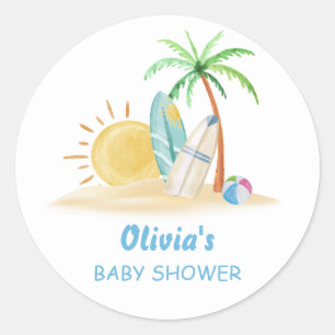 Surfboard Sunshine Beach Palm Tree Baby Shower  Classic Round Sticker
