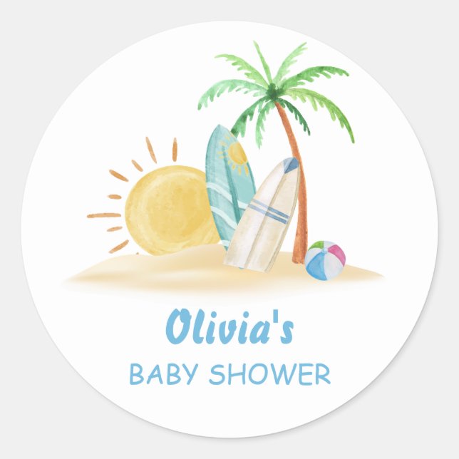 Surfboard Sunshine Beach Palm Tree Baby Shower  Classic Round Sticker (Front)