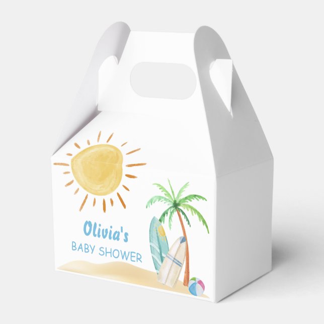 Surfboard Sunshine Beach Palm Tree Baby Shower  Favour Box (Front Side)