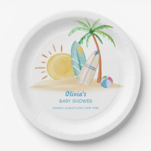 Surfboard Sunshine Beach Palm Tree Baby Shower Paper Plate