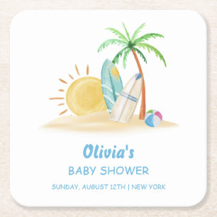 Surfboard Sunshine Beach Palm Tree Baby Shower Square Paper Coaster