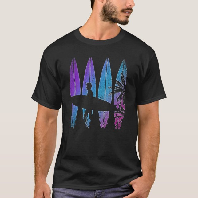 Surfboard Synthwave Surfer Vaporwave Palm Trees Su T-Shirt (Front)