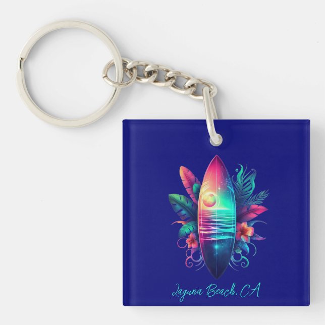 Surfboard Tropical Beach- Key Ring (Front)