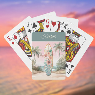 Surfboard Tropical Island Flower Palm Tree w Name Playing Cards