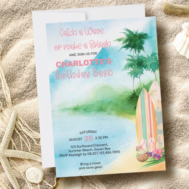 Surfboard Watercolor Beach Birthday Bash Invitation (Creator Uploaded)
