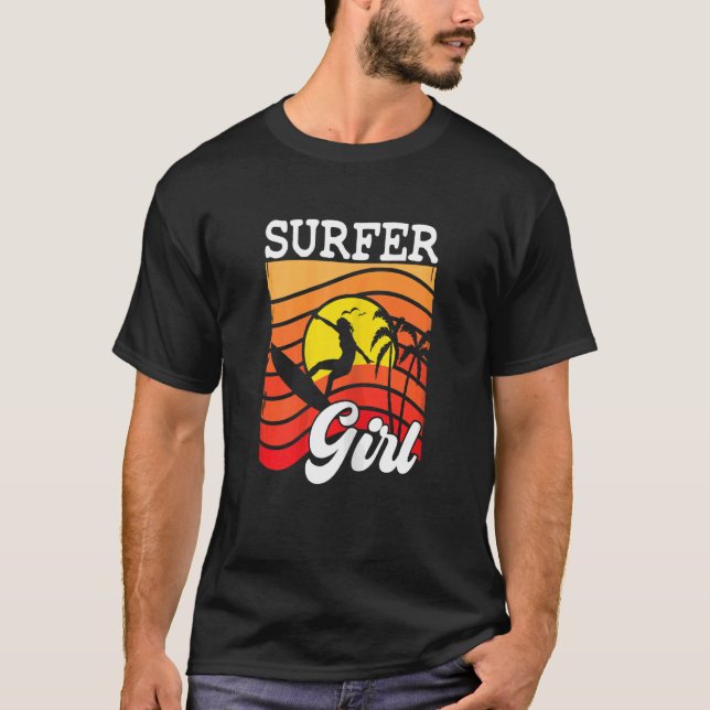 Surfboarder Surfer Girl Palm Tree Surfing T-Shirt (Front)