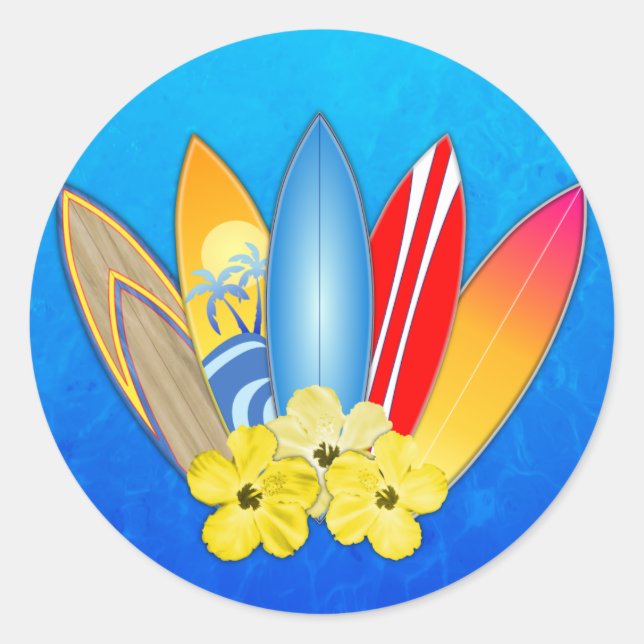 Surfboards And Hibiscus Classic Round Sticker (Front)