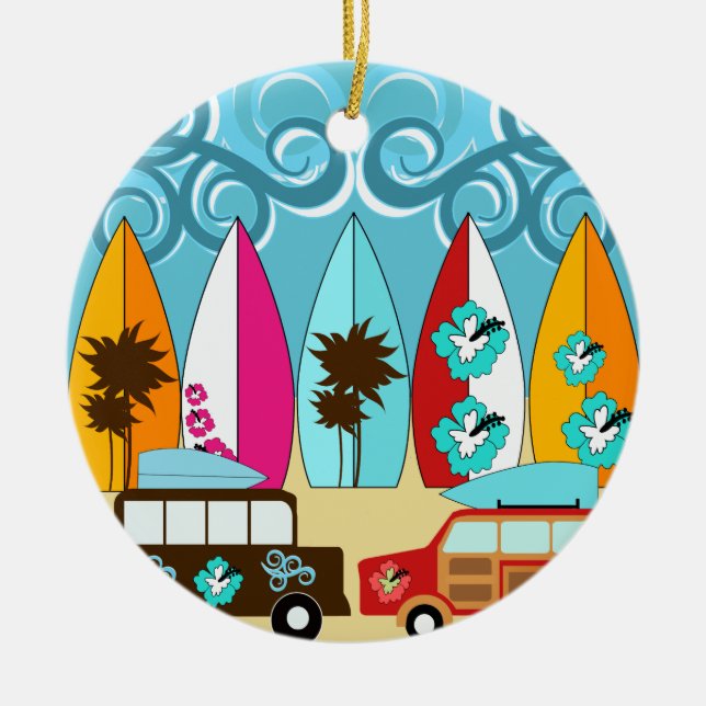 Surfboards Beach Bum Surfing Hippie Vans Ceramic Tree Decoration (Front)
