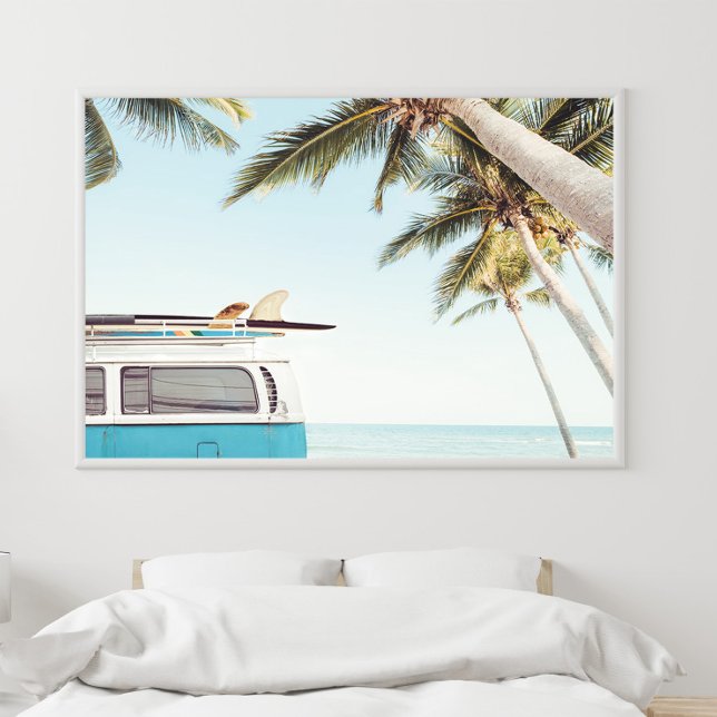 Surfboards on Retro Van Coastal Poster (Surfboards on Retro Van Coastal Poster in a white boho bedroom.)