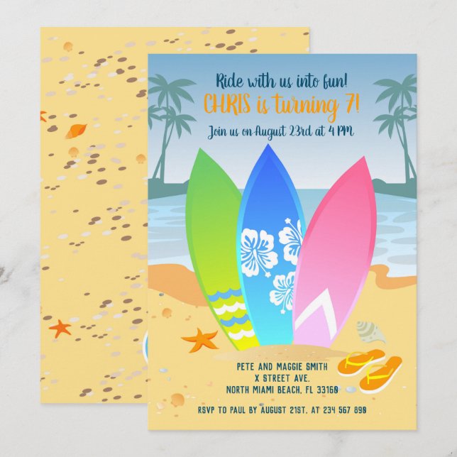 Surfboards on the beach kids birthday party  invitation (Front/Back)
