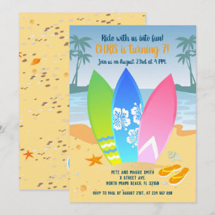 Surfboards on the beach kids birthday party  invitation