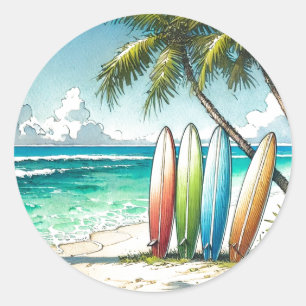 Surfboards on the Beach Watercolor and Ink Classic Round Sticker