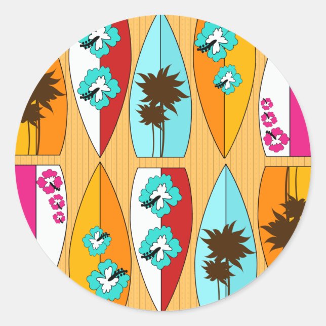 Surfboards on the Boardwalk Summer Beach Theme Classic Round Sticker (Front)