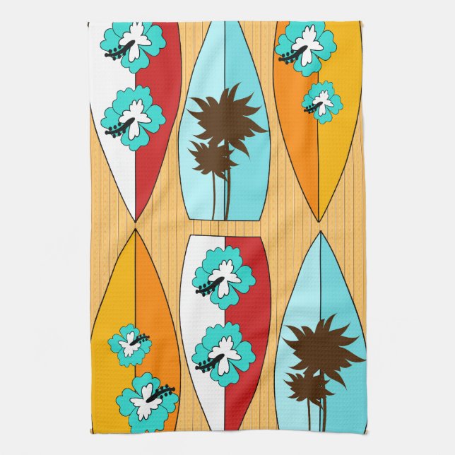 Surfboards on the Boardwalk Summer Beach Theme Tea Towel (Vertical)