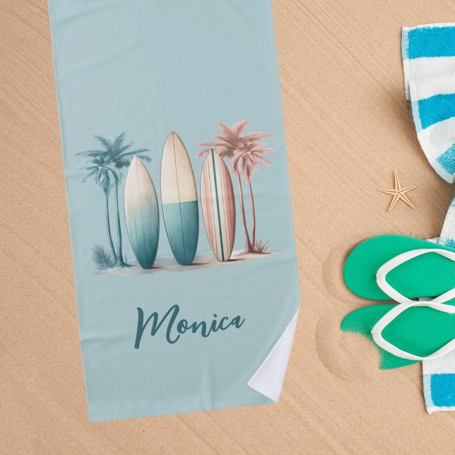 Surfboards palm trees retro sage green beach towel (Creator Uploaded)