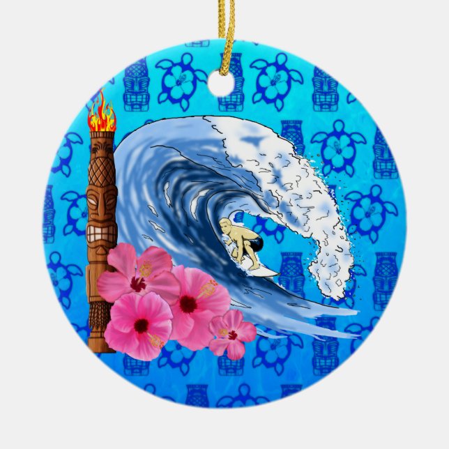 Surfer And Tiki Statue Ceramic Tree Decoration (Front)