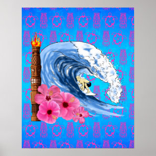 Surfer And Tiki Statue Poster