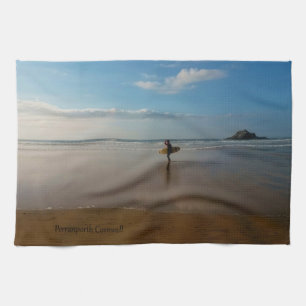 Surfer at Perranporth Beach Cornwall England Tea Towel