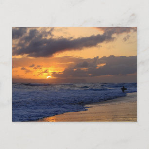 Surfer at Sunset on Kauai Beach, Niihau on Horizon Postcard