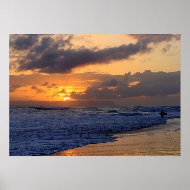 Surfer at Sunset on Kauai Beach, Niihau on Horizon Poster (Front)
