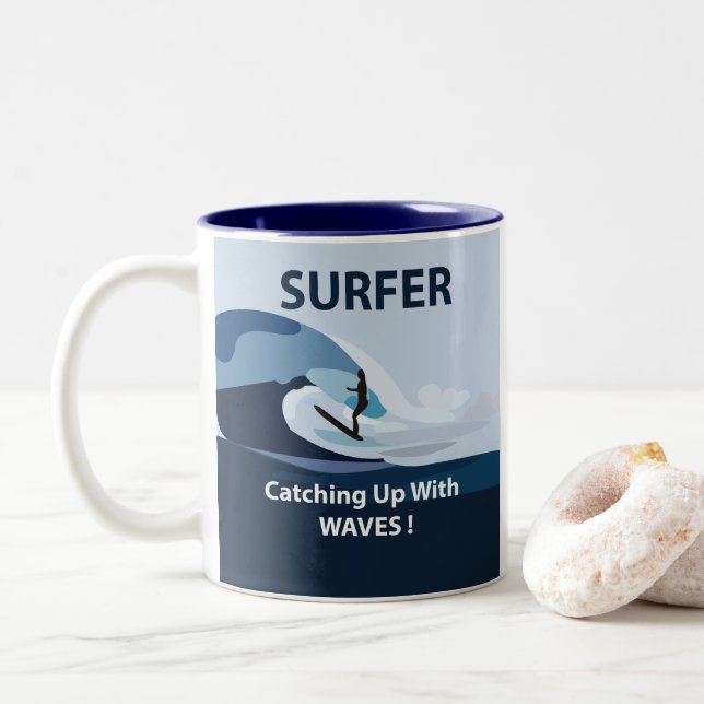 Surfer Beach Surfing  Two-Tone Coffee Mug (With Donut)