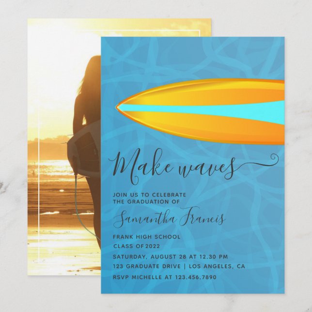 Surfer Beach themed Graduate Party Photo Invitation (Front/Back)