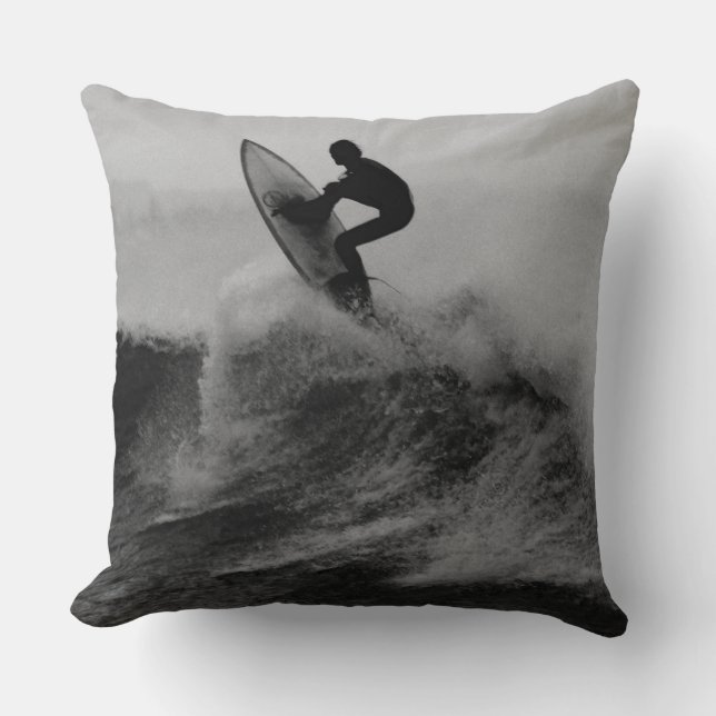 Surfer Big Wave Black and White Cushion (Front)