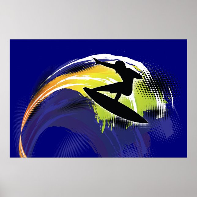 Surfer black figure & colourful wave on blue poste poster (Front)
