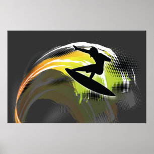 Surfer black figure & colourful wave on grey poste poster