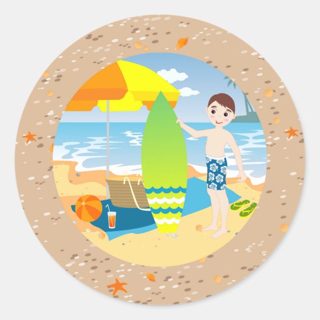 Surfer boy beach birthday party classic round sticker (Front)