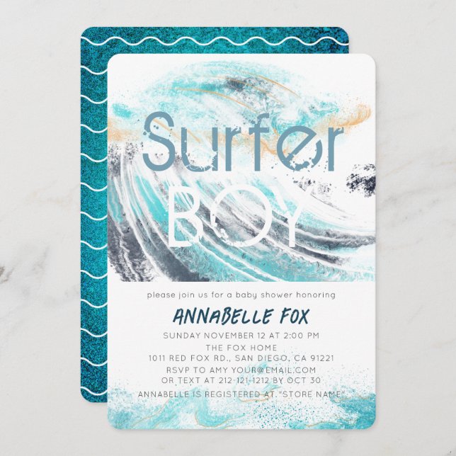 Surfer Boy Blue Wave Splash Surfing Baby Shower Invitation (Front/Back)