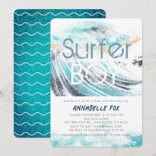 Surfer Boy Blue Wave Splash Surfing Baby Shower Invitation