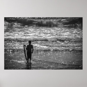Surfer Boy Silhouette ( black and white) Poster