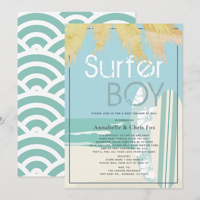 Surfer Boy Surfboards Beach Baby Shower by Mail Invitation (Front/Back)