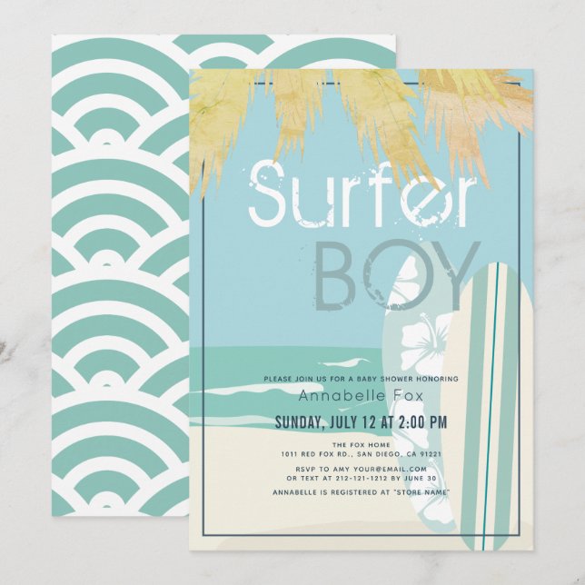 Surfer Boy Surfboards Beach Baby Shower Invitation (Front/Back)