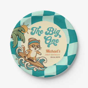 Surfer Cat Retro 1st Beach Birthday Party Paper Plate