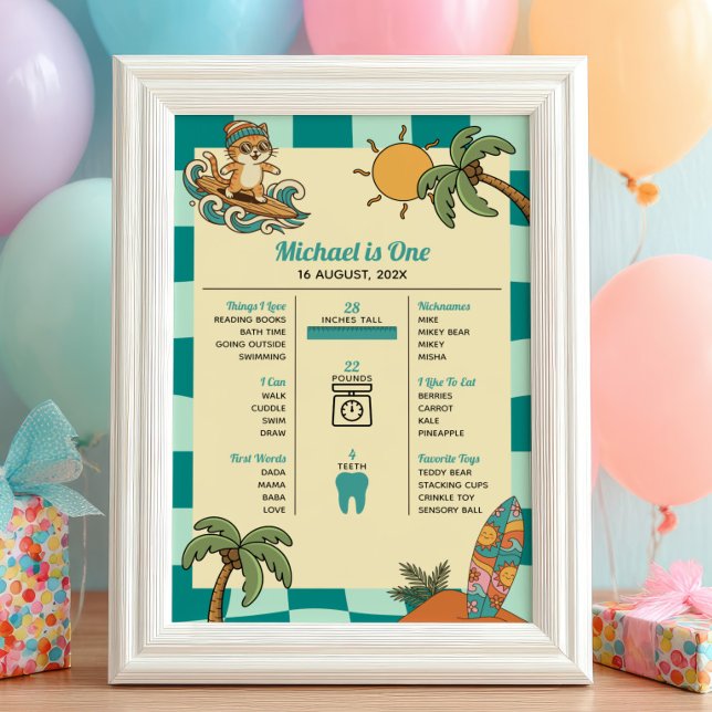 Surfer Cat Summer 1st Birthday Milestone Timeline  Poster (Creator Uploaded)