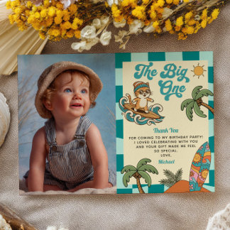Surfer Cat Summer 1st Birthday Photo Thank You  Invitation
