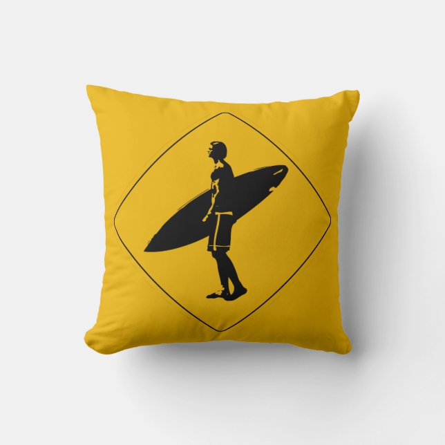 Surfer Crossing Warning Sign, San Diego Cushion (Front)