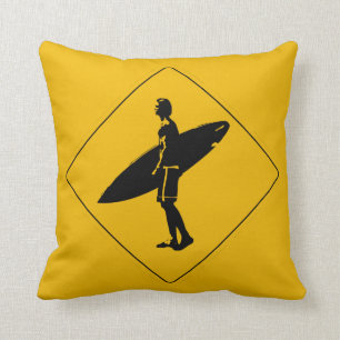 Surfer Crossing Warning Sign, San Diego Cushion