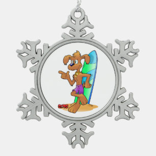 SURFER DOG SNOWFLAKE PEWTER CHRISTMAS ORNAMENT