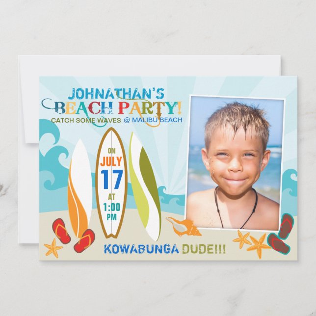 Surfer Dude and Surf Boards Beach Birthday 2 Invitation (Front)