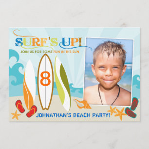 Surfer Dude and Surf Boards Beach Birthday Invitation