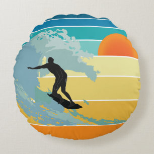 Surfer Dude Vintage Sunset Round Cushion