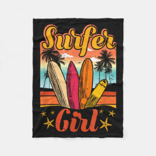 Surfer Girl Beach Retro 70s Vintage Surfing Fleece Blanket