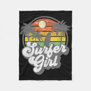 Surfer Girl Beach Retro 70s Vintage Surfing Vacati Fleece Blanket